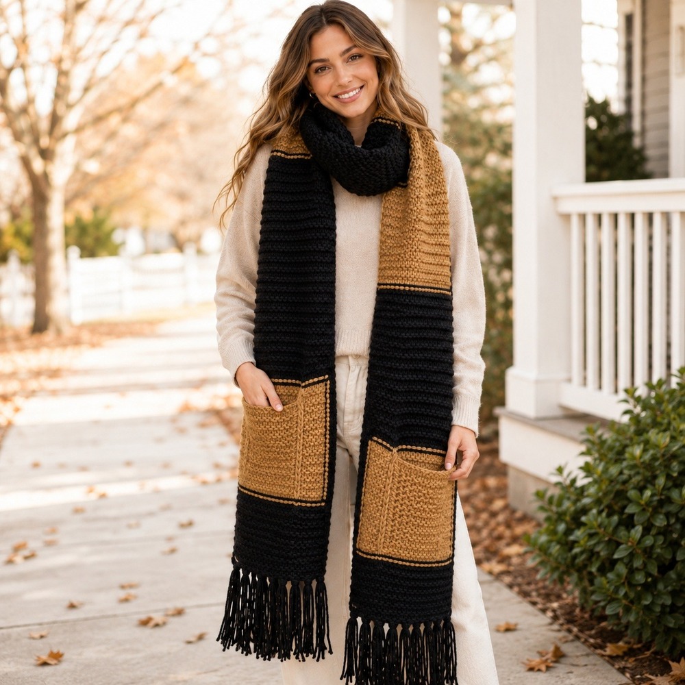 OVersized Scarf Black Brown Tan Chunky Knit Pockets Fringe NEW Cozy Gift Warm